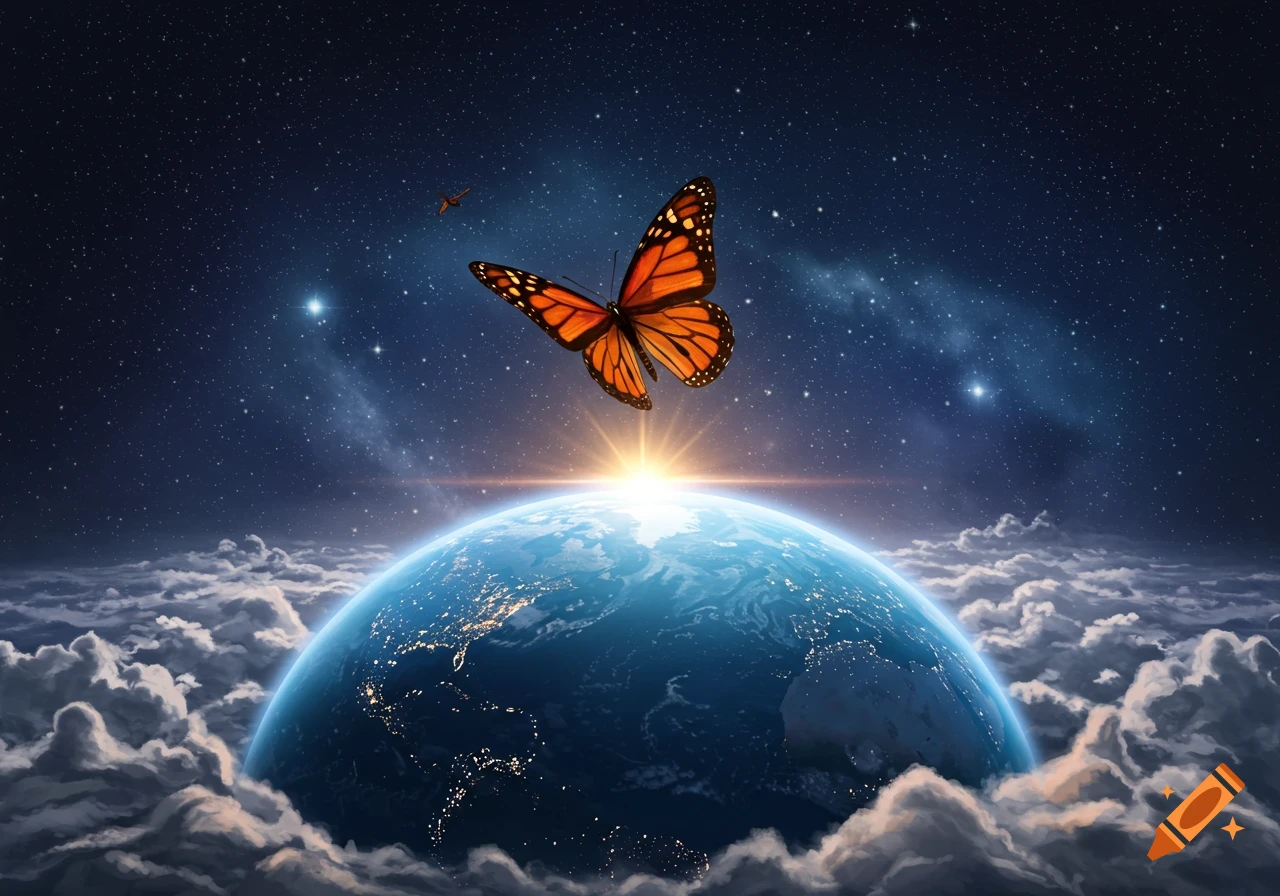 A vibrant monarch butterfly hovers above a glowing Earth surrounded by clouds against a starry night sky.