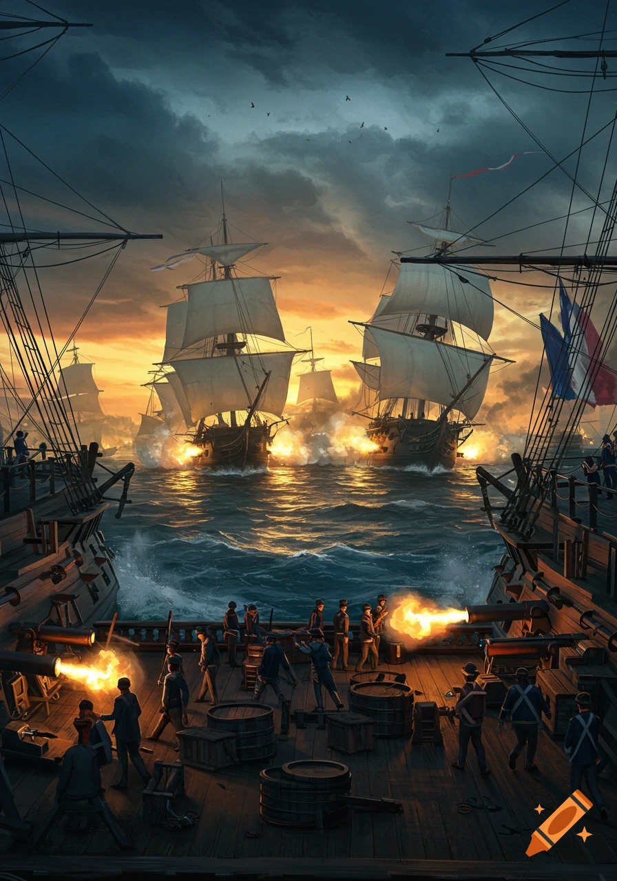 An epic naval battle at sunset, with historical sailing ships firing cannons across choppy seas, under a dramatic cloud-filled sky.
