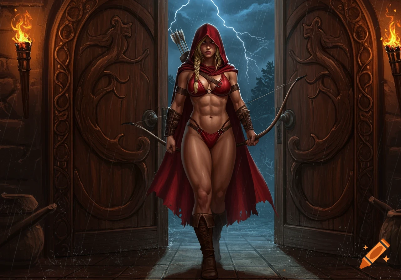 A muscular female ranger in a red bikini, hooded cape, and boots stands in a doorway with a bow, as lightning flashes outside.