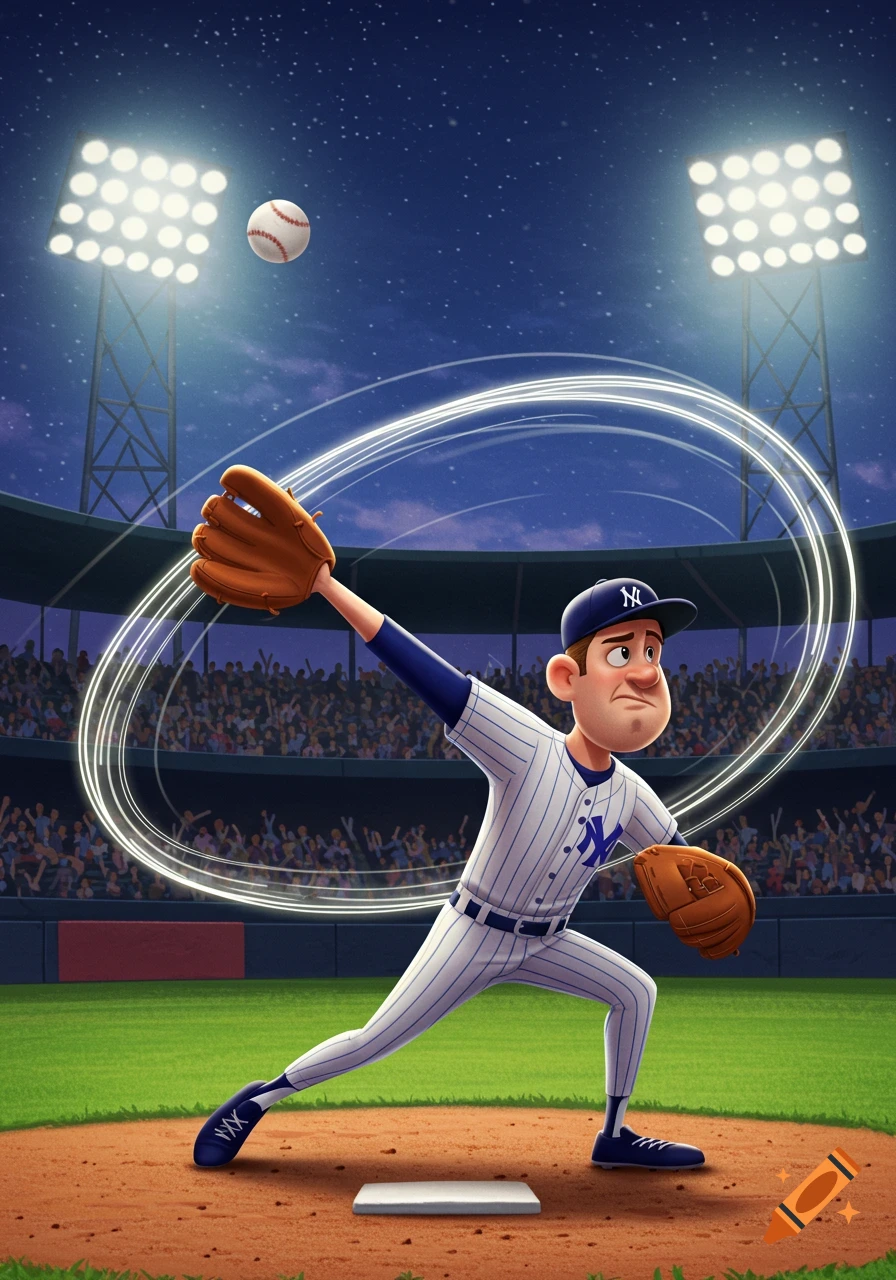 A cartoon baseball pitcher in a stadium at night throws a curveball, with glowing lines showing the ball's path.