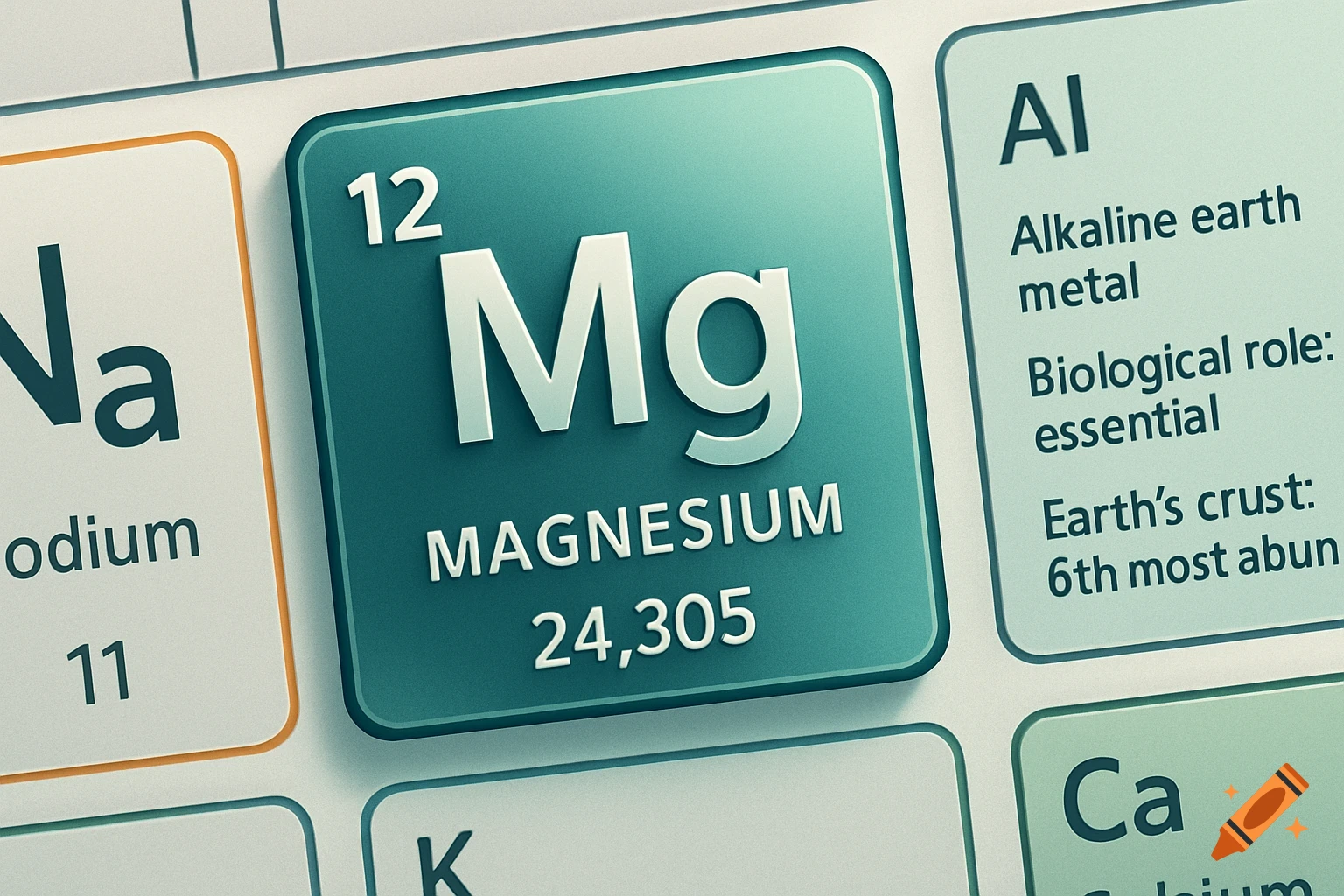 A stylized 3D rendering of a periodic table fragment, highlighting the Magnesium (Mg) element with its atomic number 12 and atomic mass. Other elements like Sodium (Na) and Aluminum (Al) are also visible.