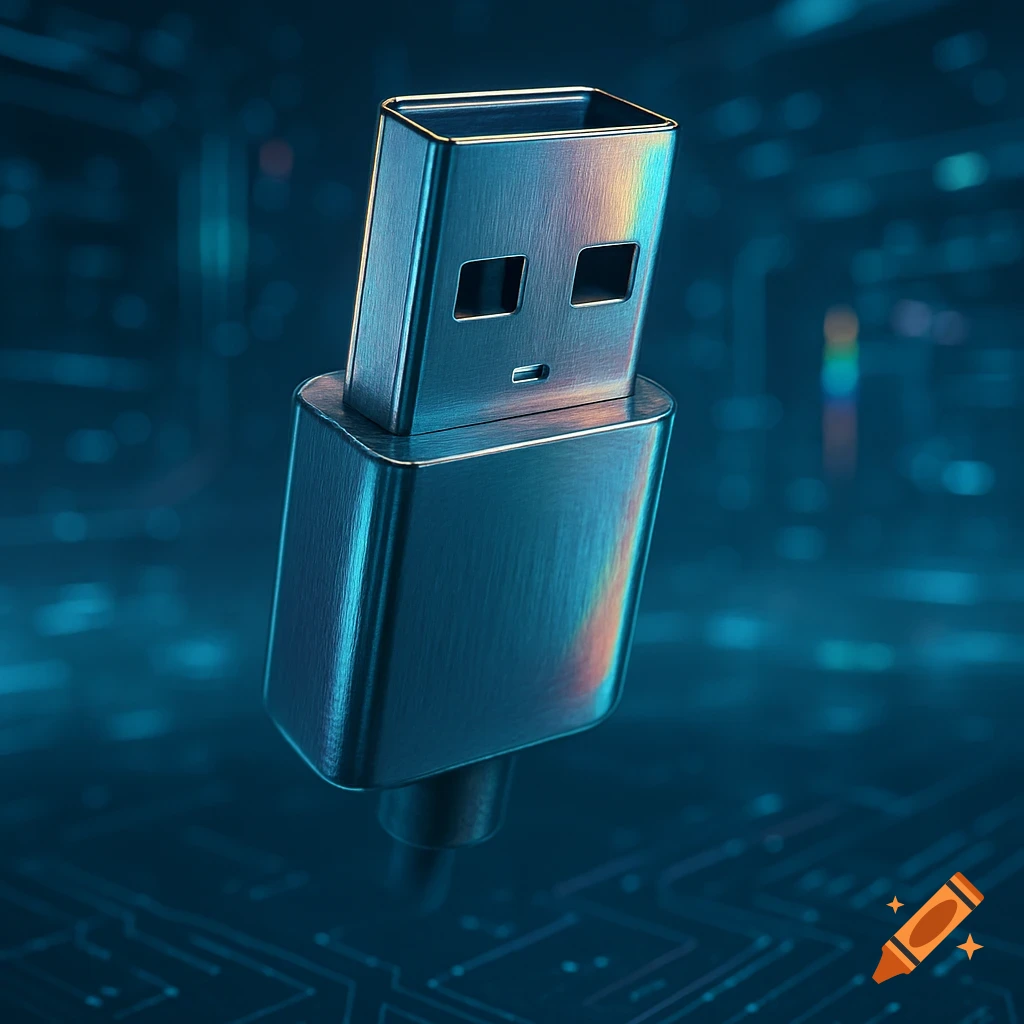 Close-up of a shiny metallic USB Type-A connector against a blurred blue circuit board background, digital art.