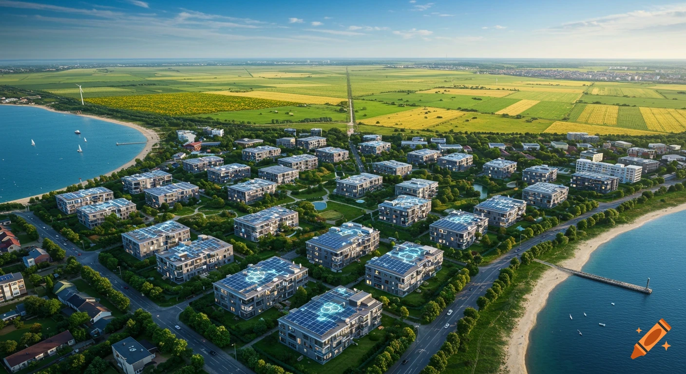 Aerial view of a coastal residential area with modern buildings featuring luminous solar panels on roofs, green parks, and roads. Beyond are vast agricultural fields and a clear ocean with sailboats.