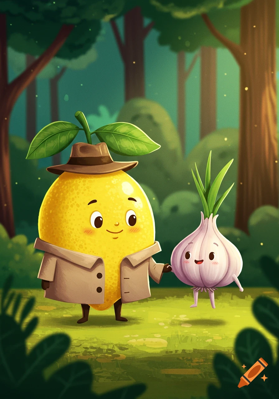 A cheerful cartoon lemon in a trench coat and hat holds a small, smiling garlic bulb in a lush forest.