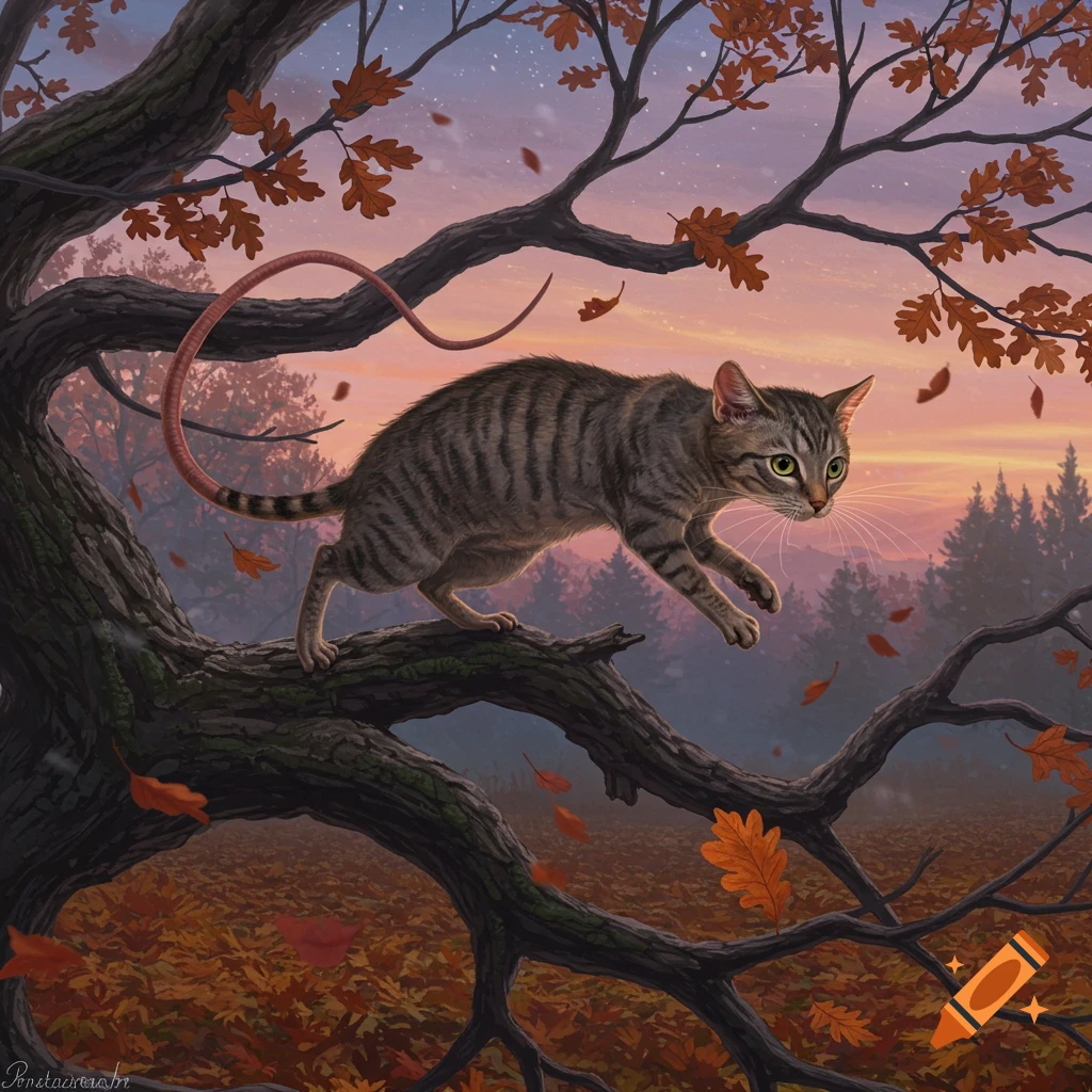 Illustrative tabby cat with a rat tail poised on a gnarled autumn tree branch at dusk, with falling leaves.