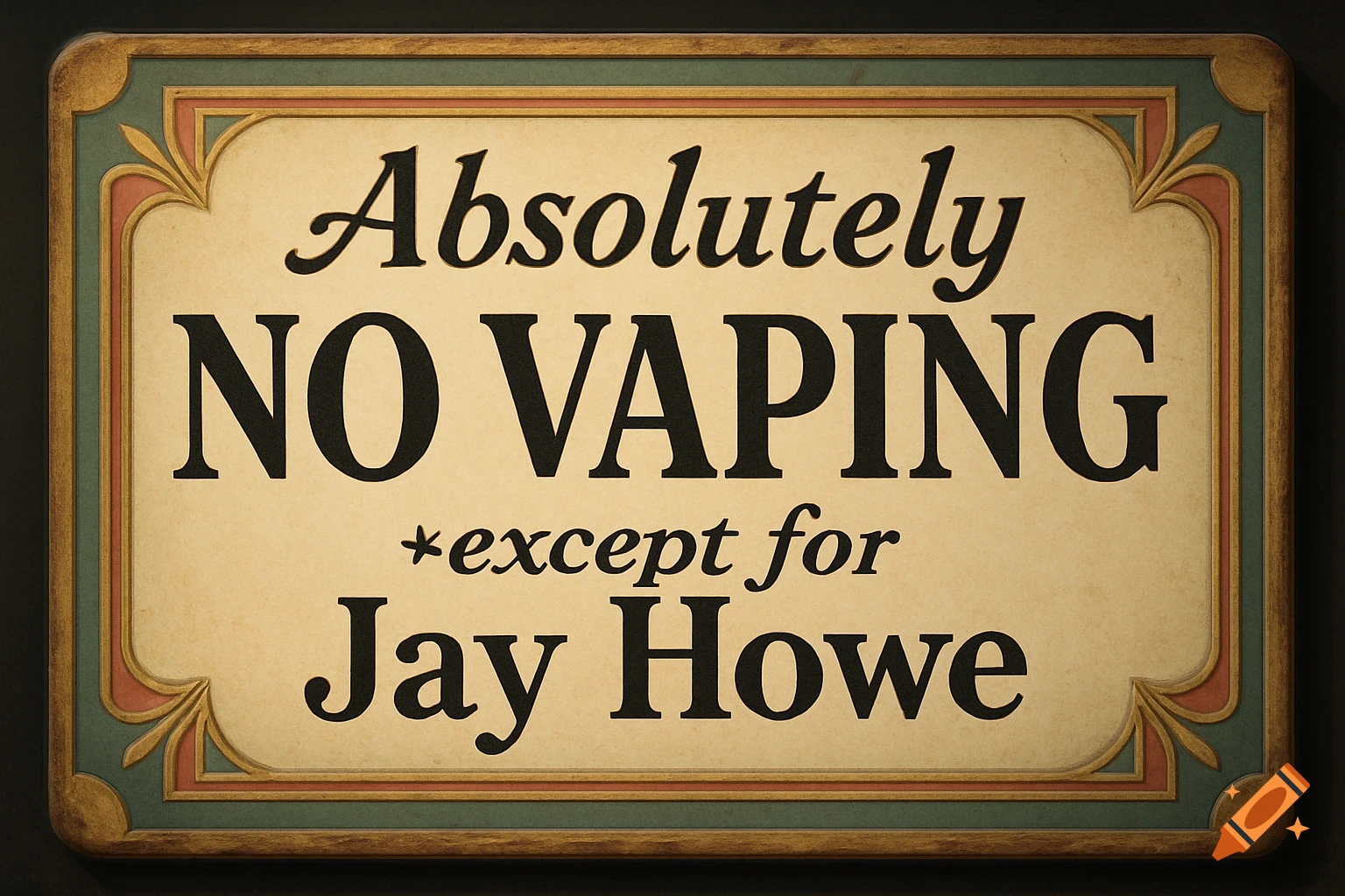 A vintage-style decorative sign reads 'Absolutely NO VAPING *except for Jay Howe'.