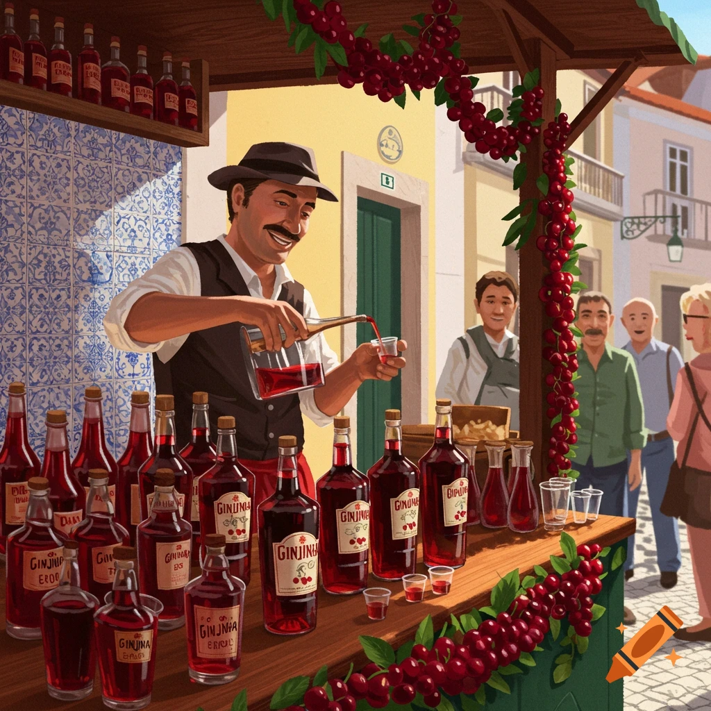 An illustration of a man with a mustache pouring Ginjinha liqueur into a cup at an outdoor market stall in Lisbon.