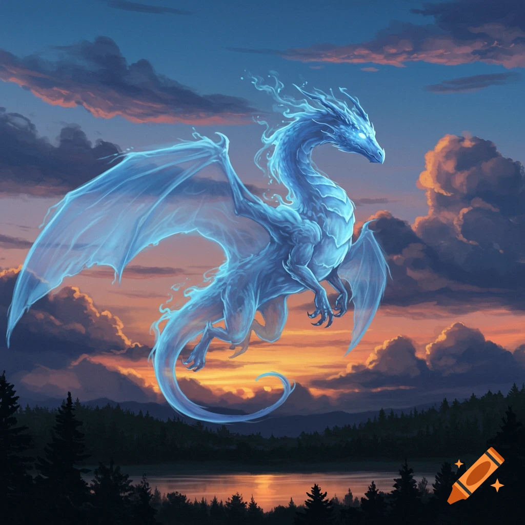 A translucent blue dragon, appearing made of smoke, flies against a vibrant sunset sky over a dark forest and lake.