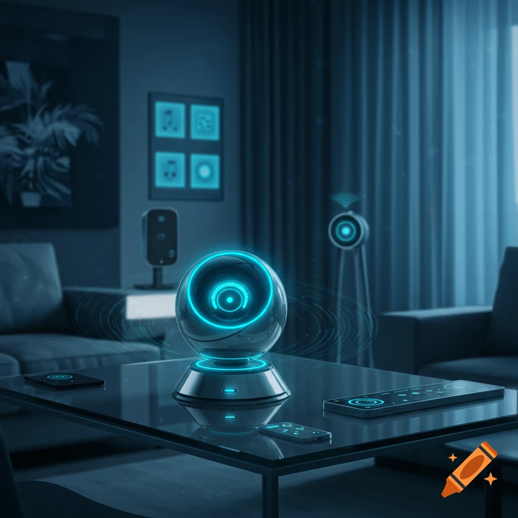 A futuristic living room with a glowing orb smart device on a glass coffee table, surrounded by other glowing smart home gadgets in a dark, blue-toned setting.