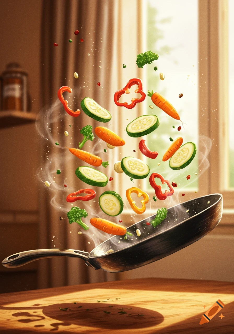 Colorful sliced vegetables including carrots, bell peppers, zucchini, and broccoli flying out of a steaming frying pan in a kitchen.