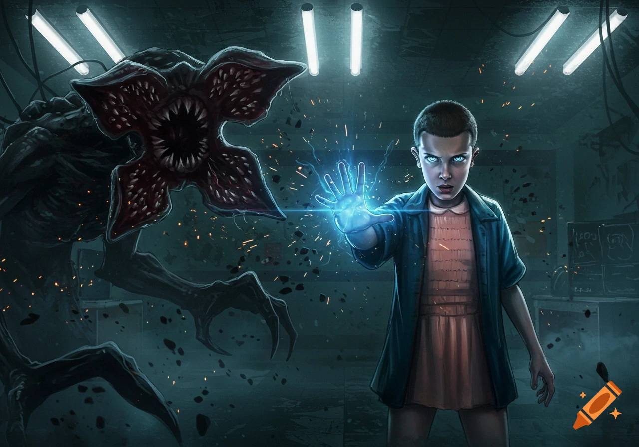 An illustration of Eleven from Stranger Things, with glowing hands, fighting a Demogorgon in a dark, ominous laboratory.