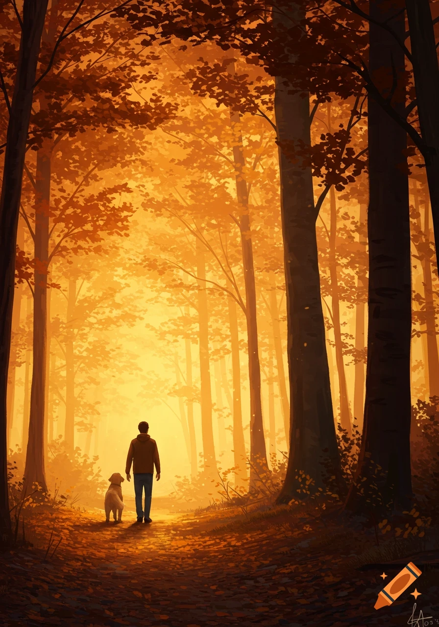 A man and his dog walk down a path in a vibrant orange and yellow forest at sunset, in a digital painting style.