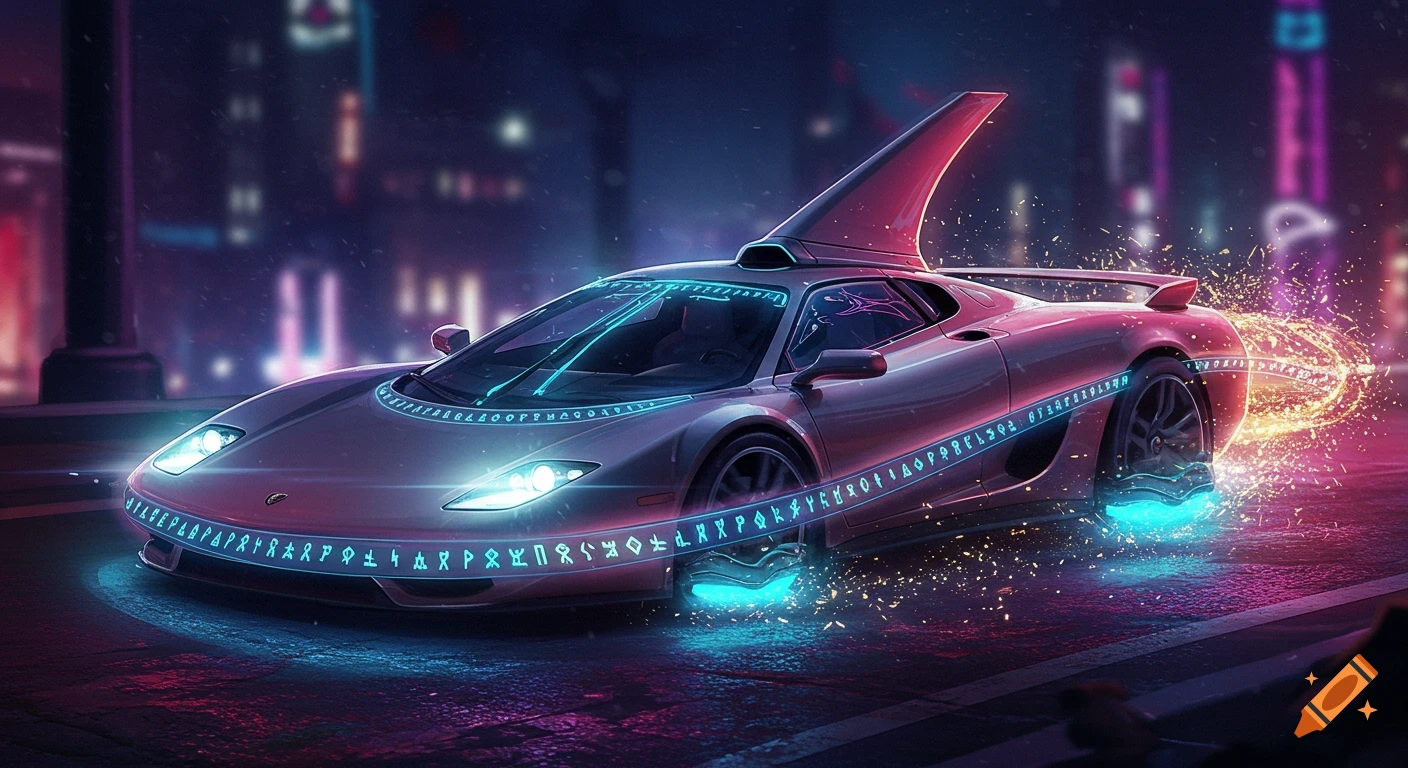A sleek, glowing futuristic car with arcane runes hovers on magical energy in a neon-lit cyberpunk city at night.