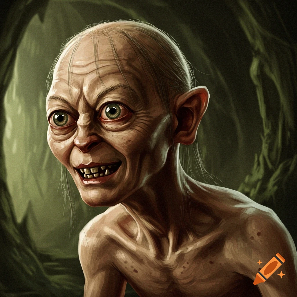 A close-up digital painting of Gollum from Lord of the Rings, with large green eyes and a toothy grin, against a dark cave background.