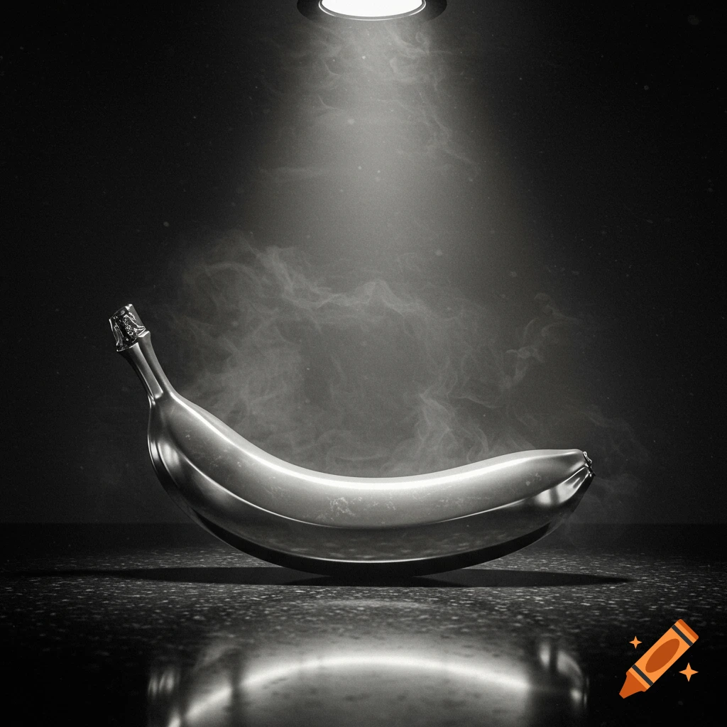A gleaming metallic banana sits under a bright spotlight in a dark, smoky room, with reflections on a dark surface.
