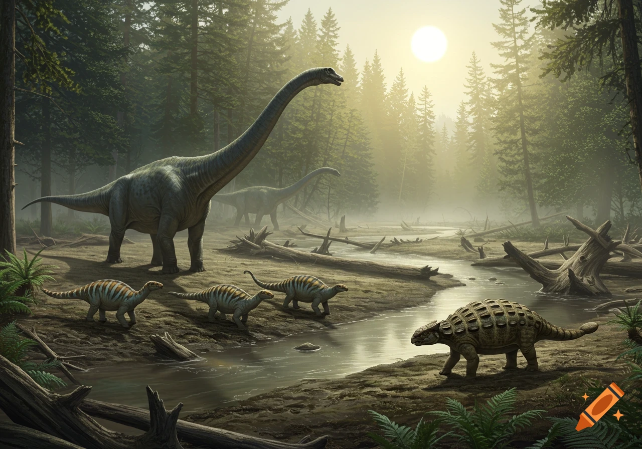 Photorealistic prehistoric forest scene with a Diplodocus, three striped Iguanodons, and an Ankylosaurus near a misty river at sunrise.