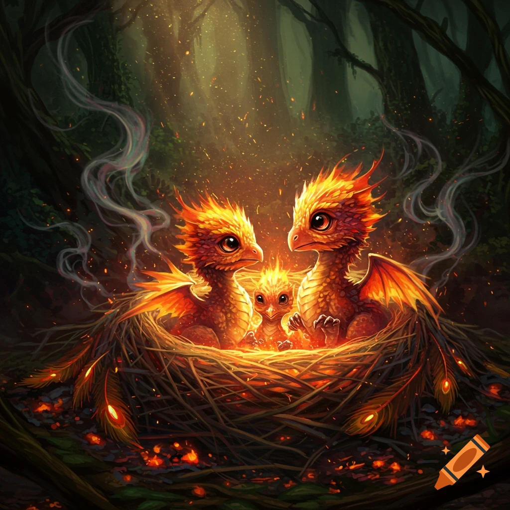 A family of three fiery, cute phoenix or dragon babies in a nest glowing in a dark, magical forest.