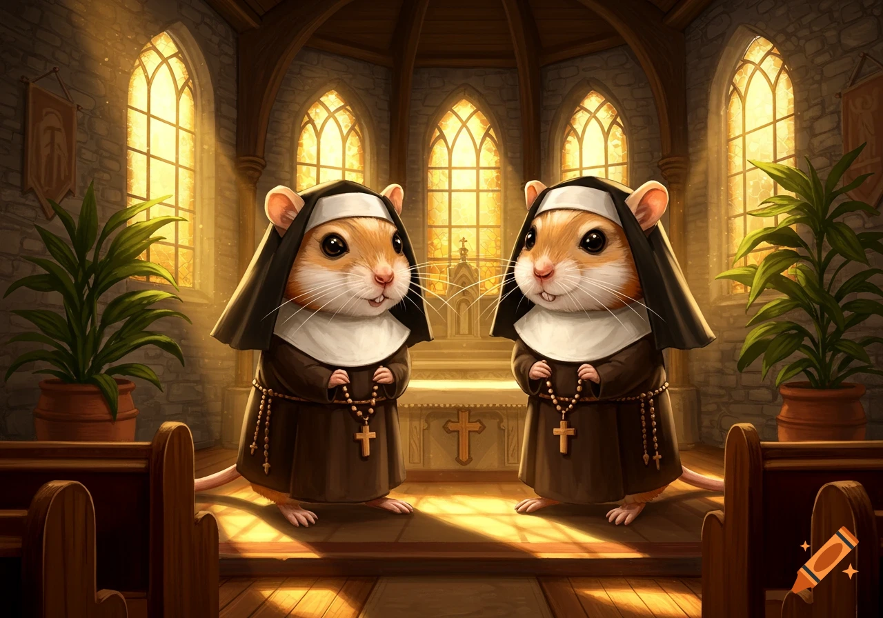 Two anthropomorphic gerbils dressed as nuns hold rosaries, standing in a sunlit church interior.