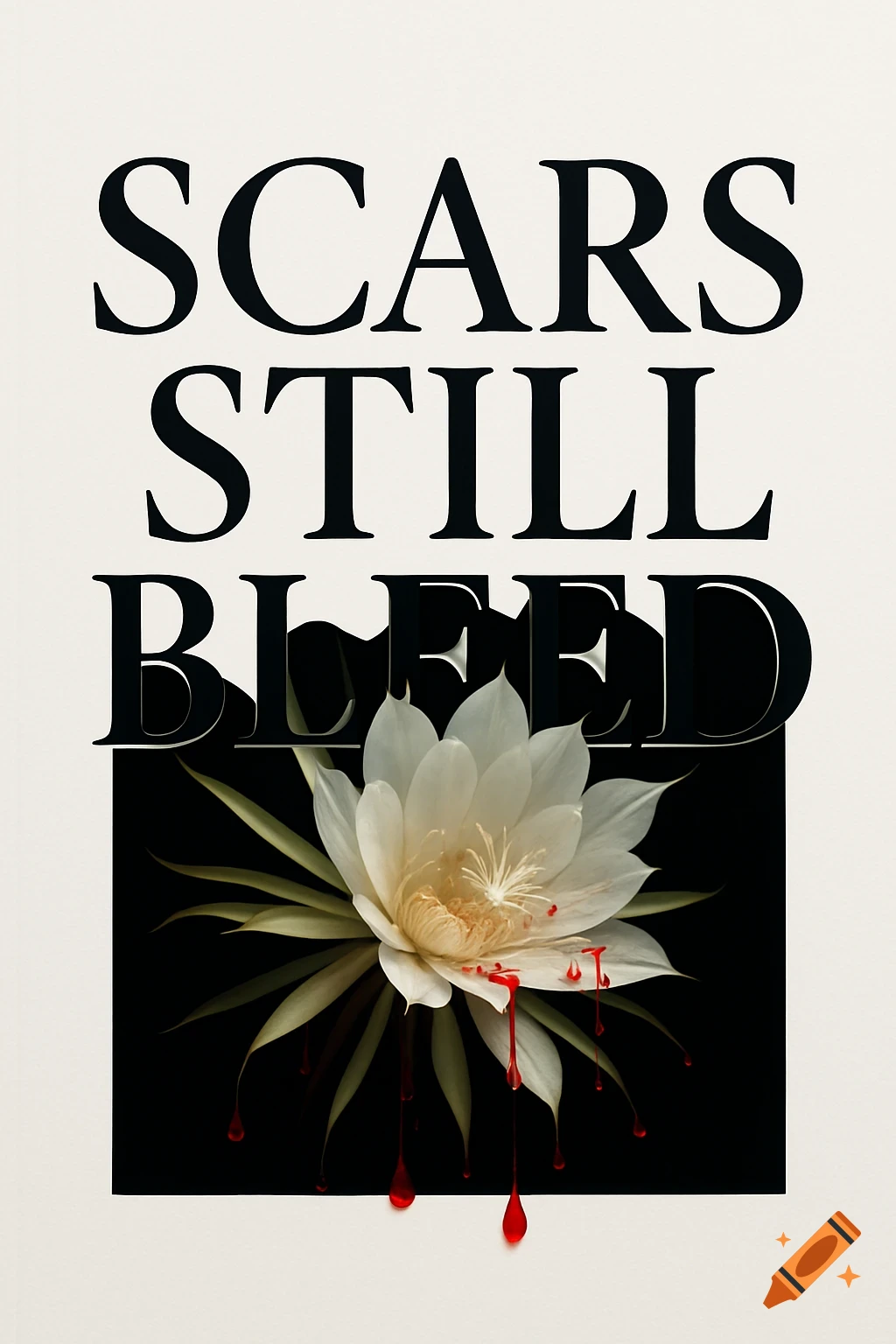 Photorealistic book cover with 'SCARS STILL BLEED' text, featuring a white flower dripping red blood.