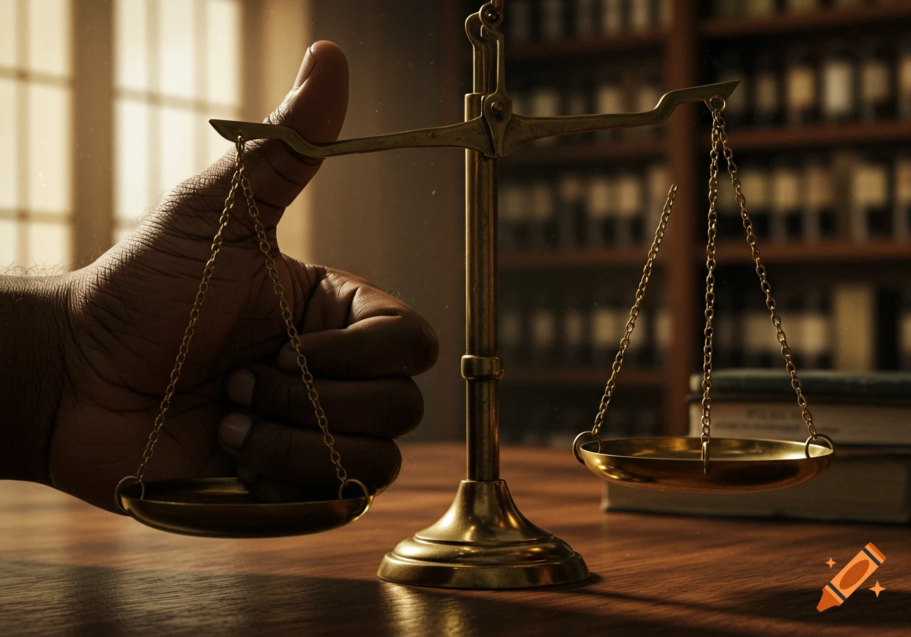 A dark-skinned hand presses a thumb onto one side of an antique brass balance scale on a wooden table, with bookshelves in the background. Photorealistic.