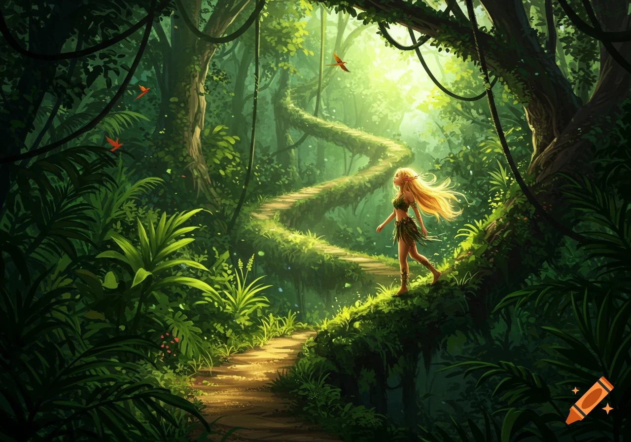 A blonde-haired woman in a leaf outfit walks a winding path through a lush, sunlit rainforest, in a digital art style.