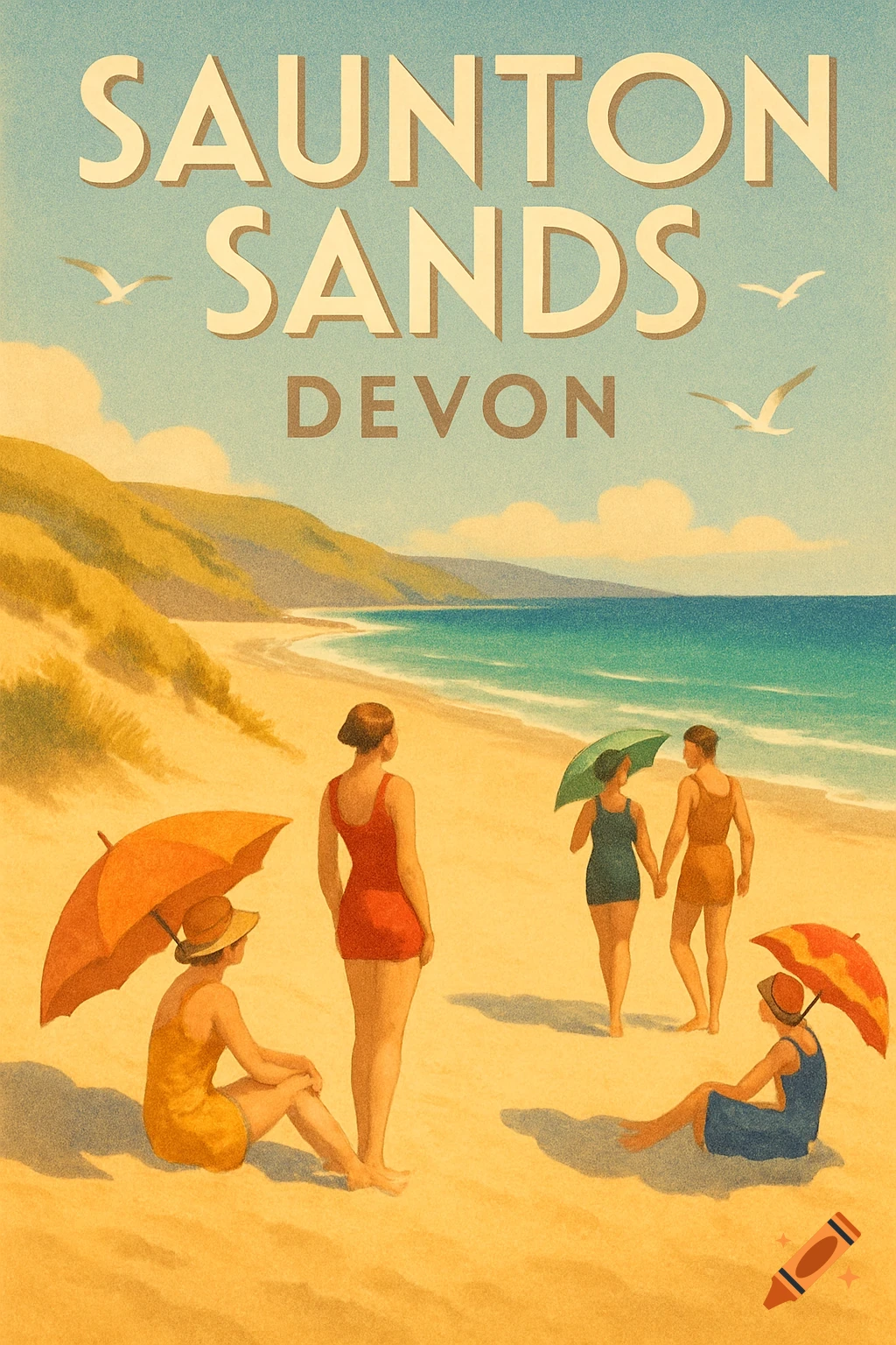 Vintage travel poster for Saunton Sands, Devon, featuring people on a sandy beach with the sea and hills.