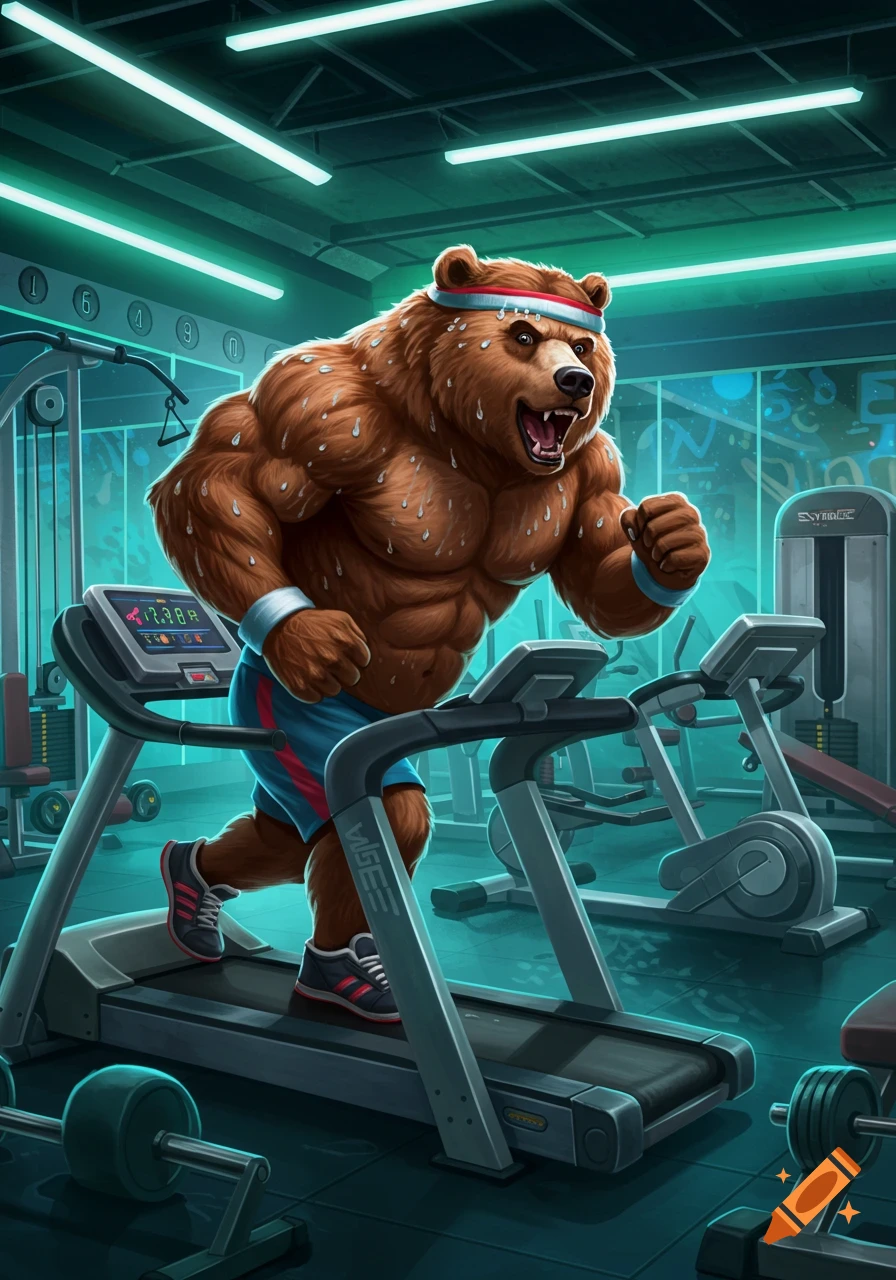 A muscular, sweating bear with a red headband runs on a treadmill in a neon-lit gym, digital art.