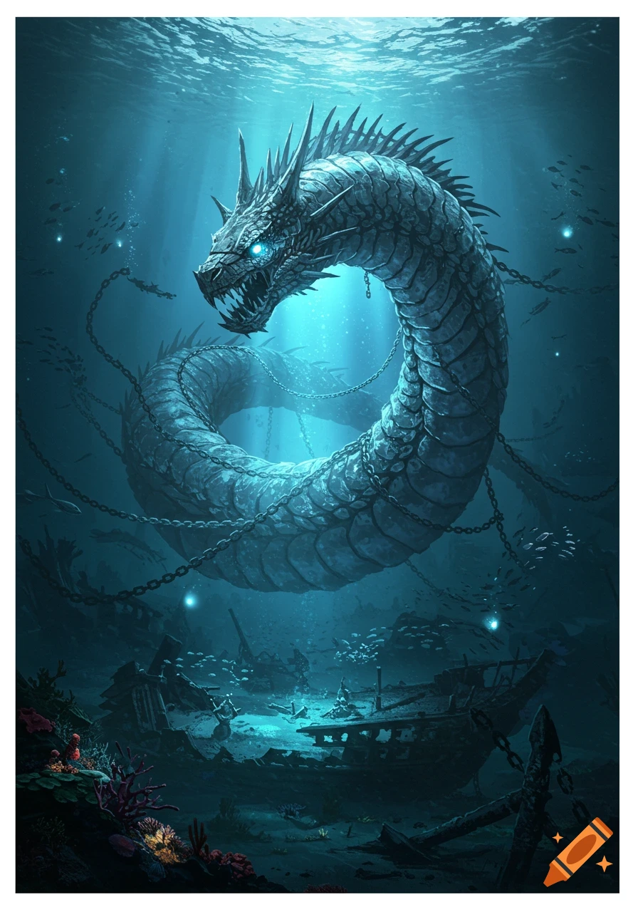 A giant, armored leviathan with glowing blue eyes, covered in chains, swims through a dark sunken ship graveyard deep underwater.