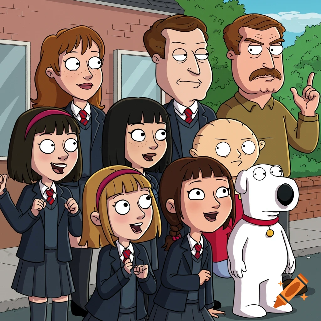 A group of cartoon schoolgirls, two adult men, Stewie, and Brian the dog, all drawn in the Family Guy style, standing outdoors.