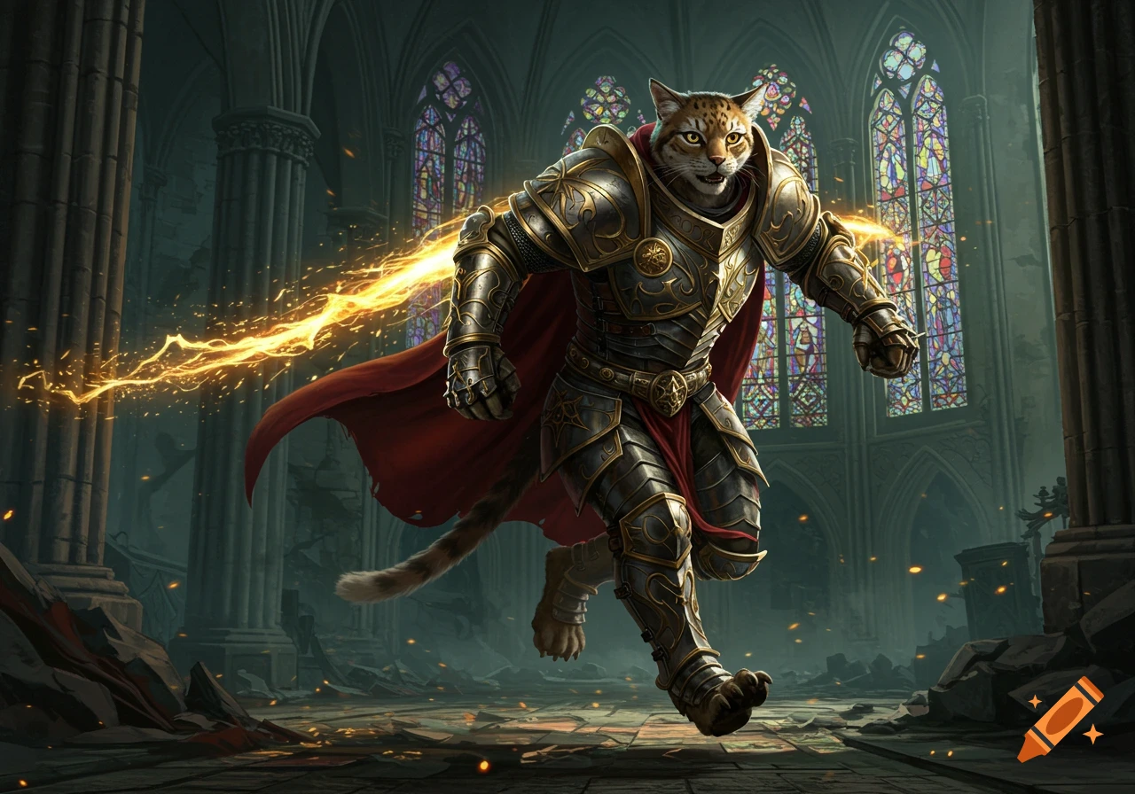 Humanoid cat paladin in ornate gold and silver armor with a red cape, running through a ruined cathedral, dramatic lighting, fantasy art.