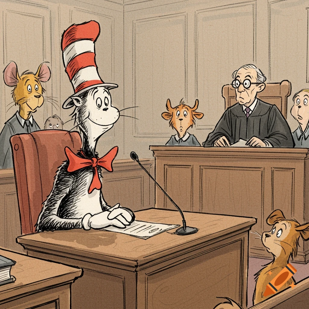 The Cat in the Hat sits at a witness stand in a courtroom, looking towards a judge and other cartoon animal characters.