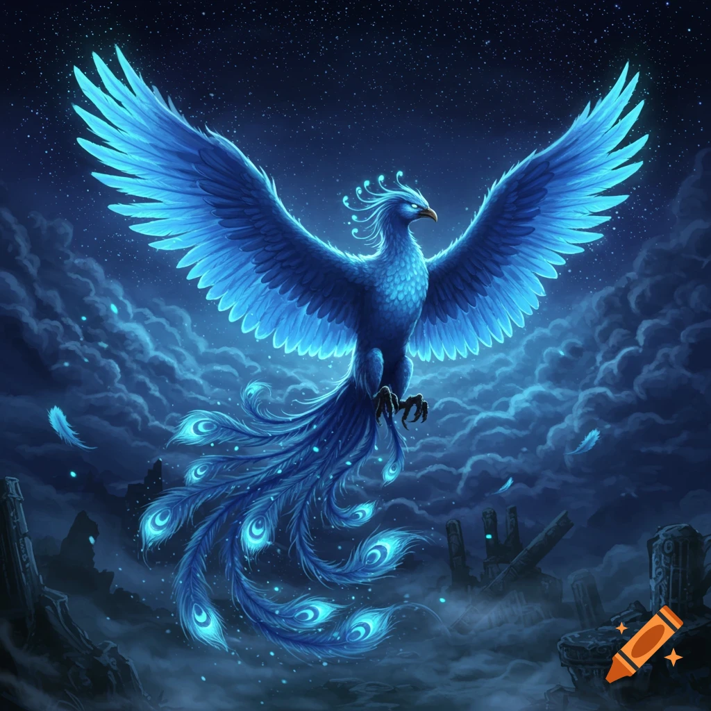 A vibrant blue phoenix with glowing wings and tail feathers flies in a starry night sky above luminous clouds and ruins in fantasy art.
