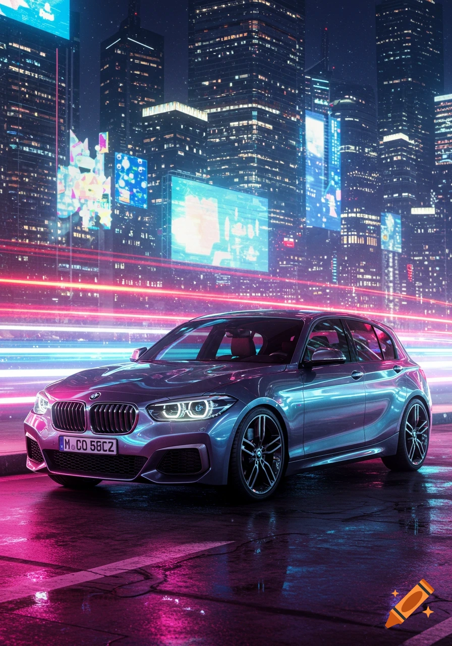 A futuristic BMW 1 series car is parked on a wet street at night in a neon-lit cyberpunk city, with streaks of light.