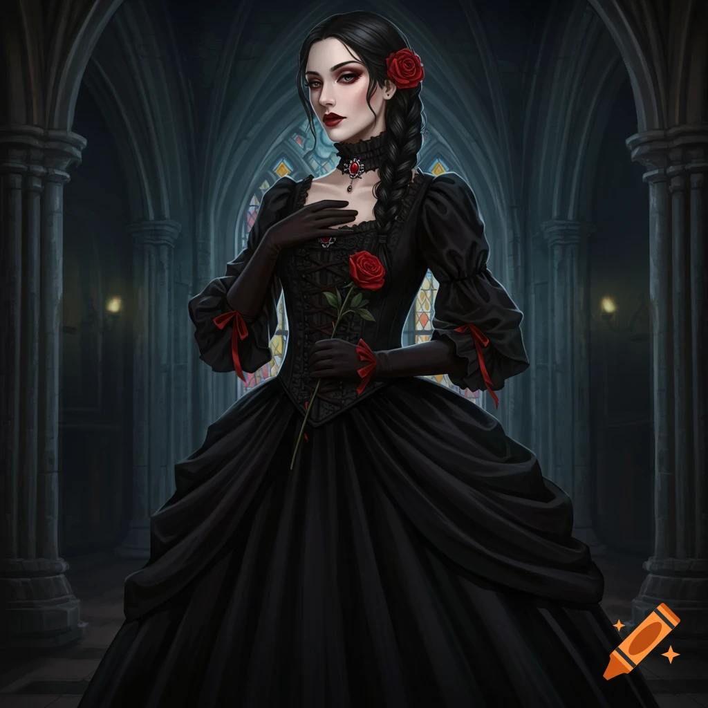 A dark-haired Gothic woman in a black Victorian dress with red accents holds a red rose in a dimly lit cathedral.