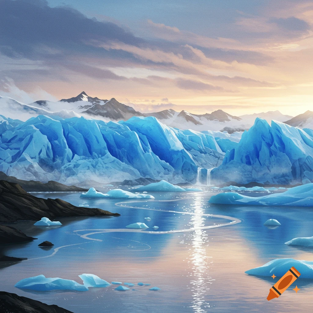 A breathtaking glacial landscape with towering blue ice formations, snow-capped mountains, and a tranquil lake reflecting a colorful sunset sky.