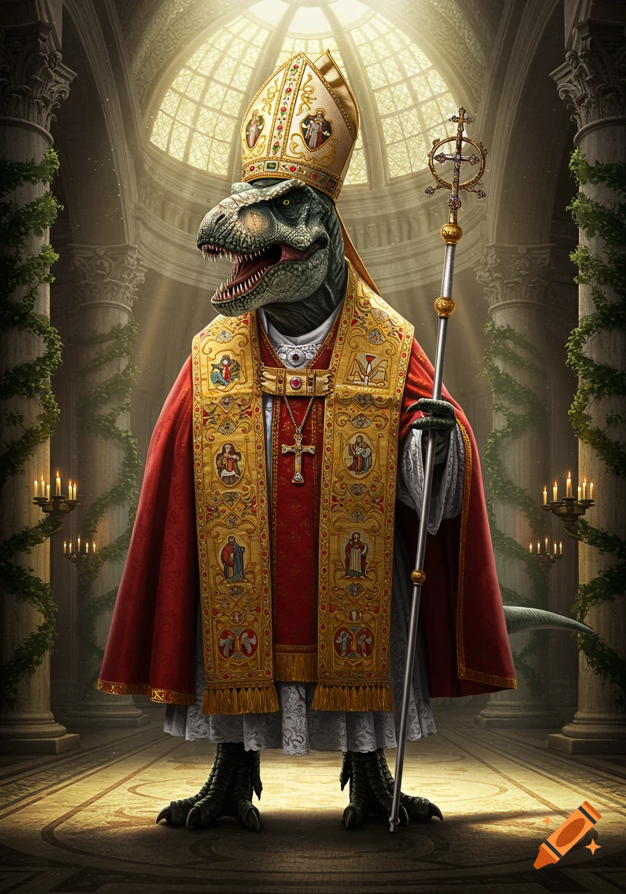A majestic Tyrannosaurus Rex dressed as a Pope, holding a crucifix staff, stands in a grand cathedral.