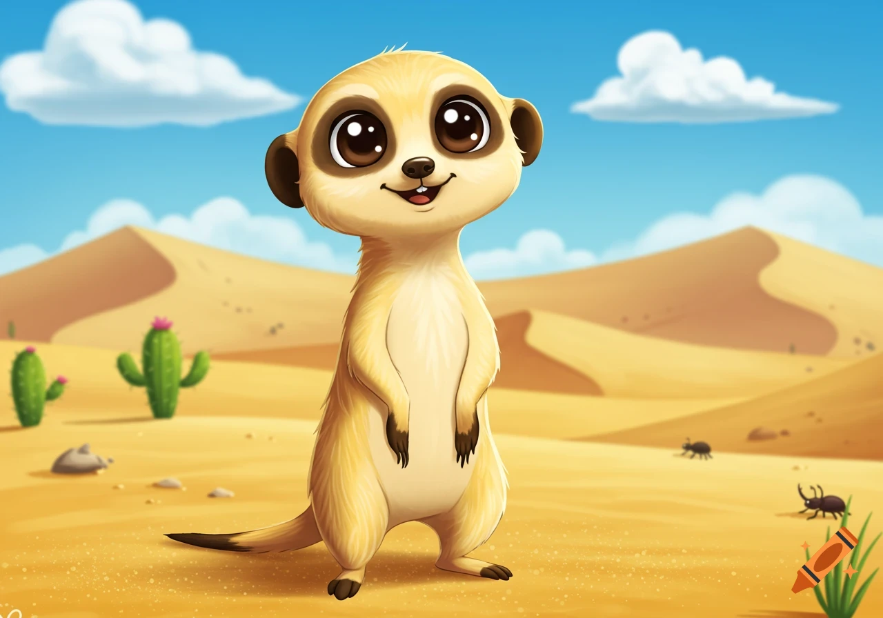 A cute cartoon meerkat stands in a sunny desert landscape with sand dunes, cacti, and a blue sky.