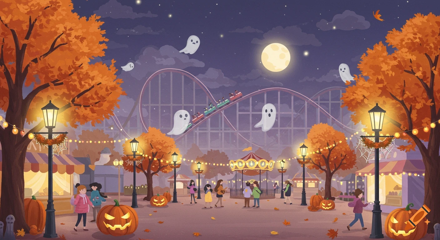 Colorful cartoon illustration of a cheerful Halloween amusement park at night with a roller coaster, carousel, ghosts, and jack-o'-lanterns.