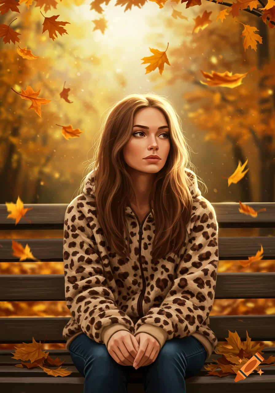 Woman with long brown hair in a leopard print hoodie sits on a park bench amidst falling golden autumn leaves. Realistic illustration.
