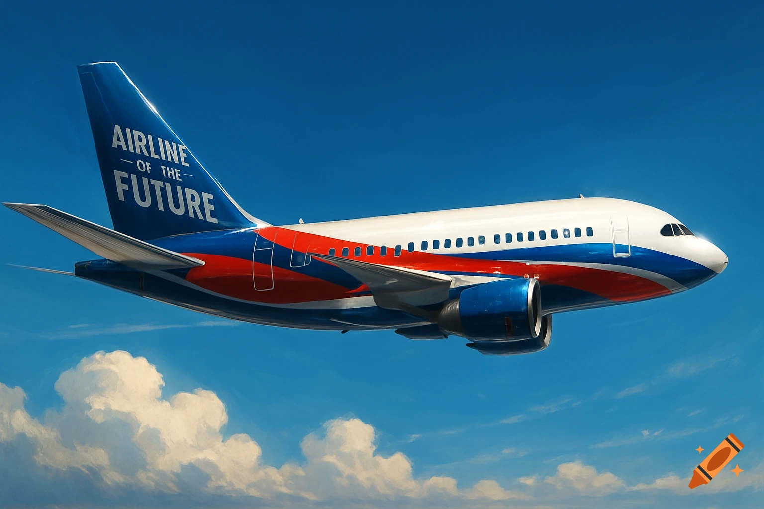 A red, white, and blue passenger jet with 'AIRLINE OF THE FUTURE' on its tail, flying through a clear blue sky above clouds.
