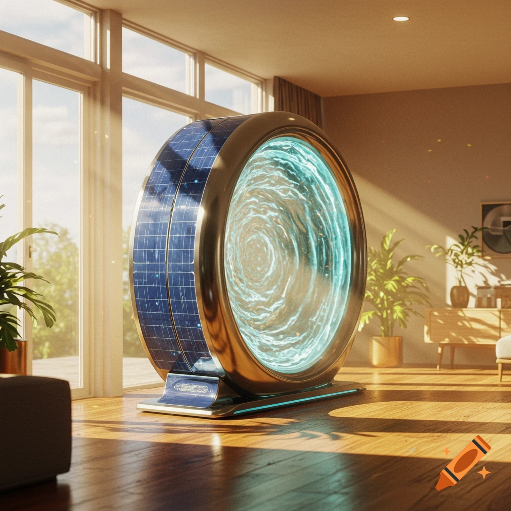 A large, futuristic solar-powered teleporter with a glowing blue-green vortex stands in a sunlit modern living room.