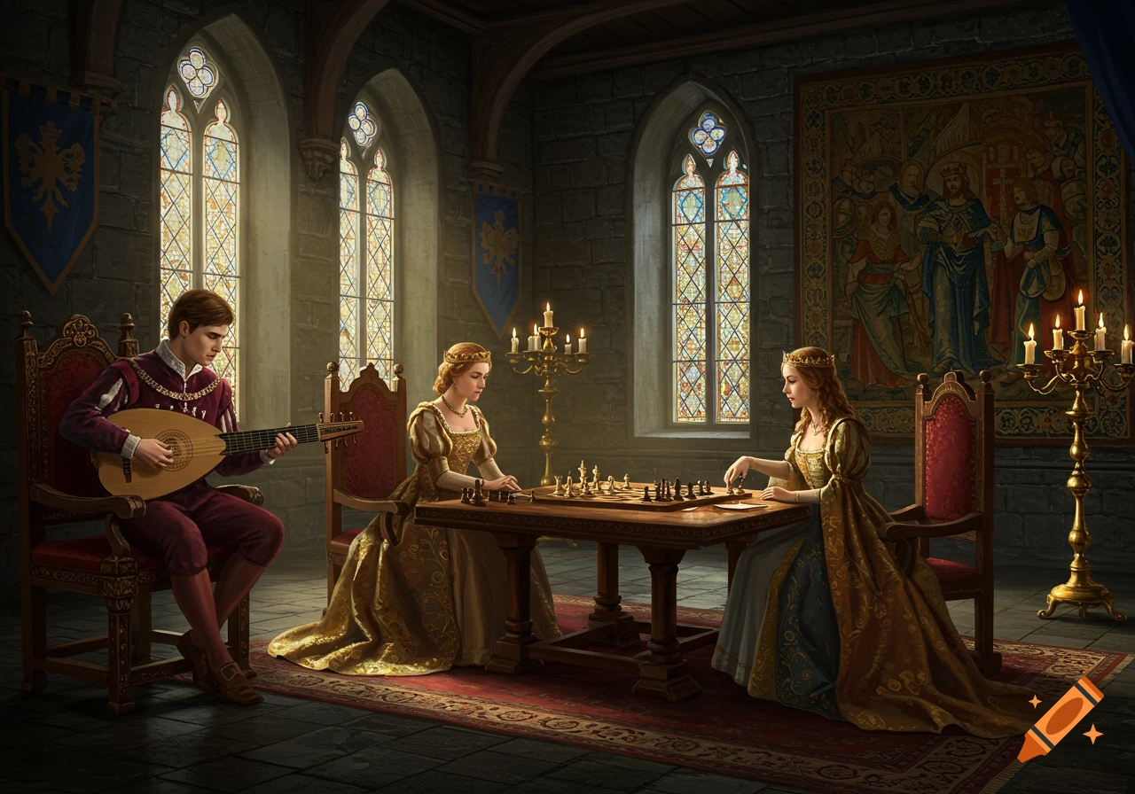 A man plays a lute while two women play chess in a richly decorated medieval castle room with stained glass windows.