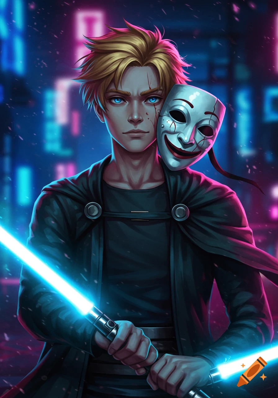 Anime style art of a blond, blue-eyed male holding two blue lightsabers, with a cracked white mask on his shoulder against a neon city background.