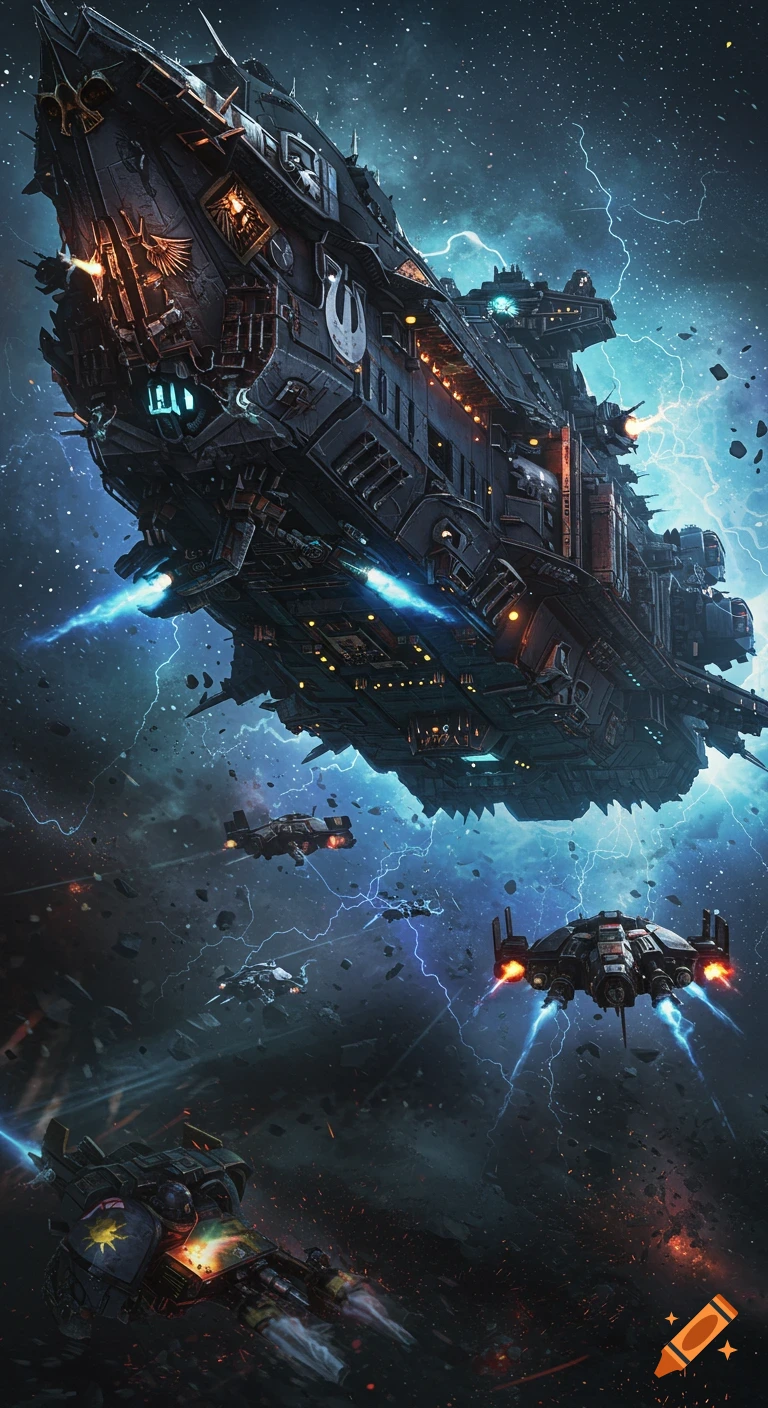 A hyper-detailed, grimdark Warhammer 40k Ultramarines strike cruiser and smaller gunships in a lightning-filled, warp-tainted space battle.