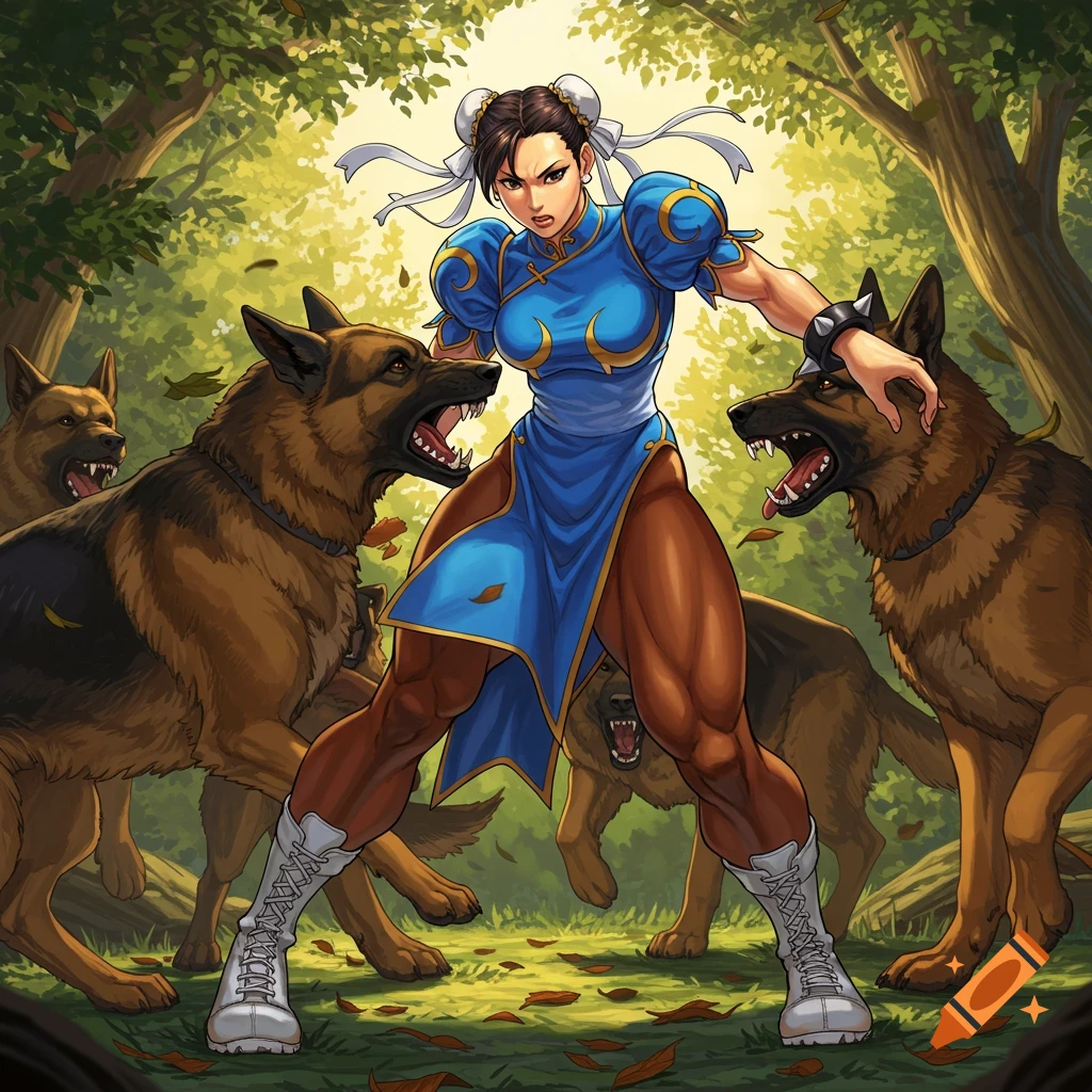 Chun-Li, in her blue fighting dress, battles a pack of aggressive German Shepherds in a sunlit forest, grappling one dog.
