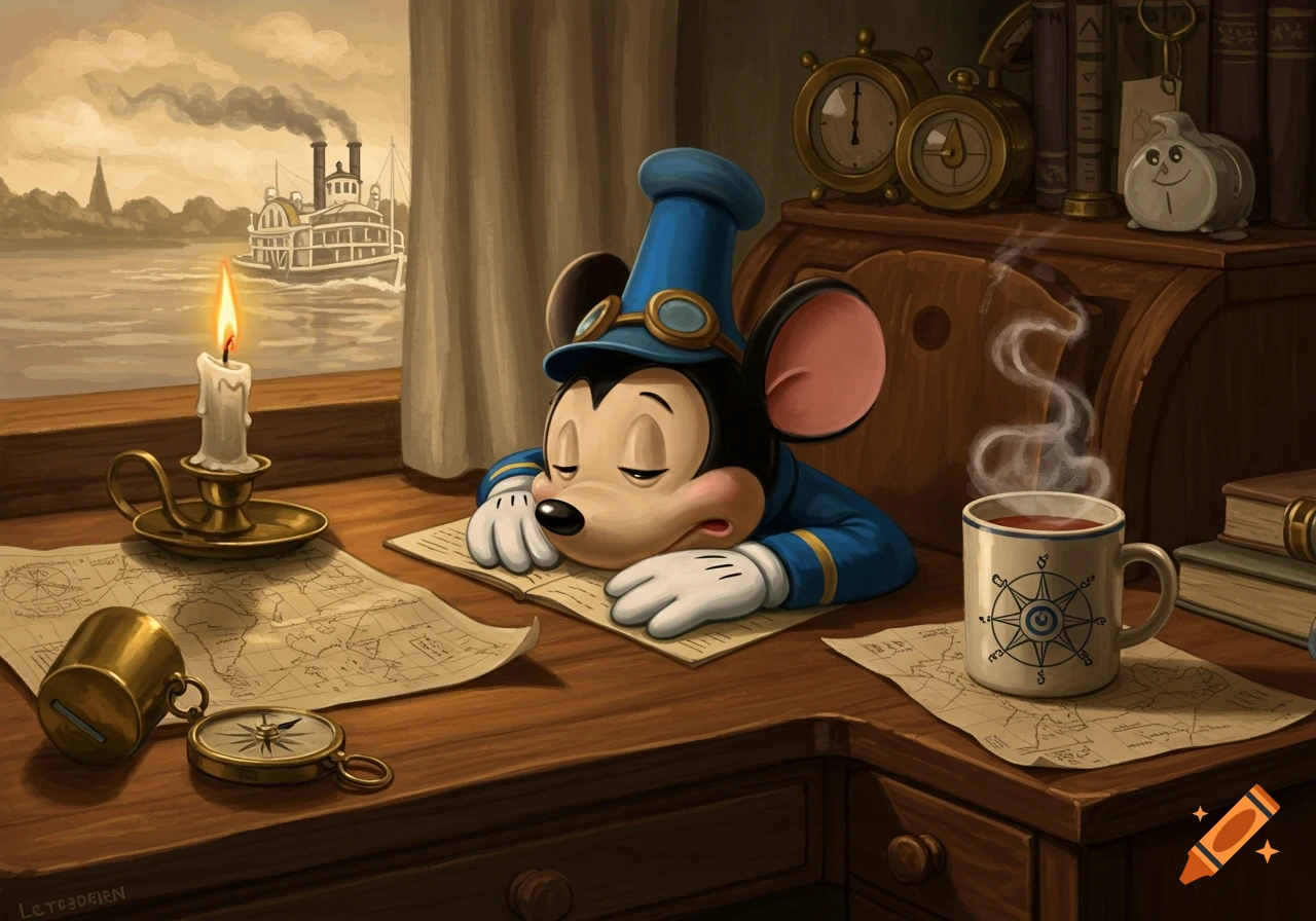 Steamboat Willie sleeps on a wooden desk with maps, a candle, a compass, and a steaming mug. A steamboat is seen through the window.