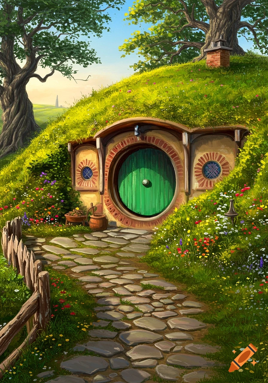 An illustration of a hobbit house with a green round door nestled in a grassy hill, surrounded by wildflowers and trees, with a stone path leading to it.