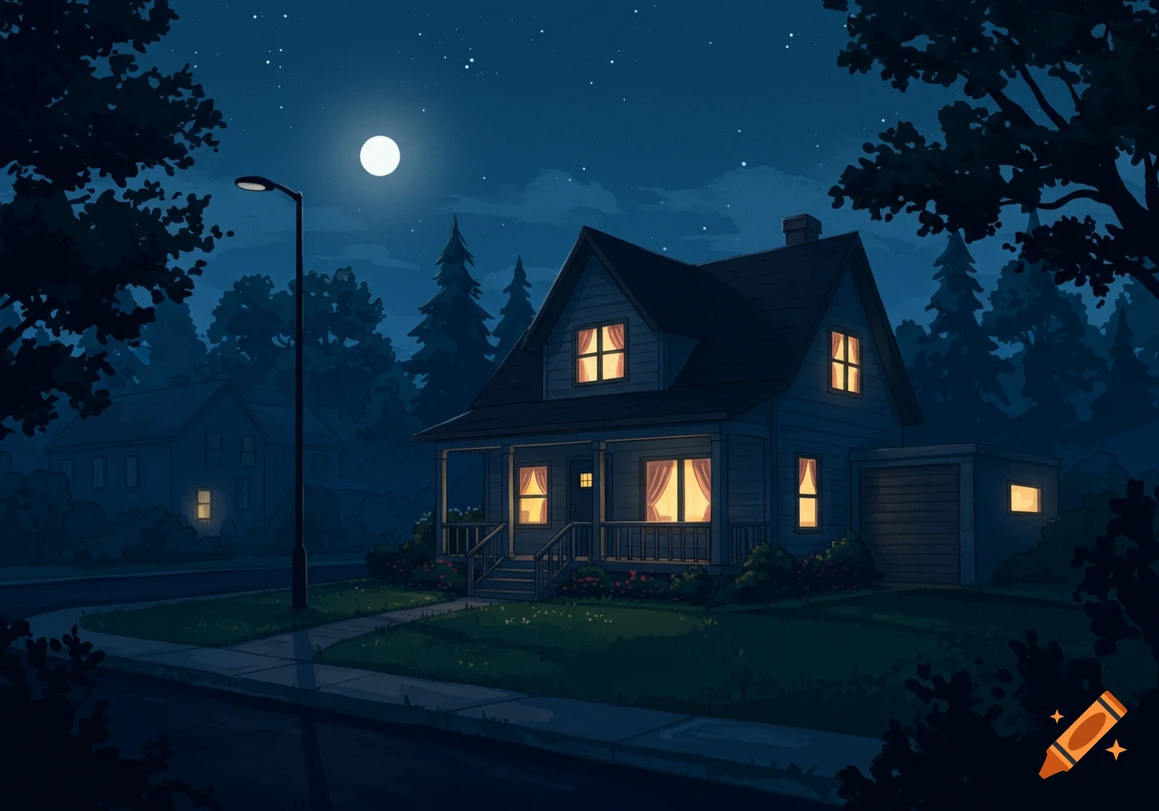 An illuminated house at night in a suburban neighborhood with a full moon and starry sky, rendered in an illustrative style.