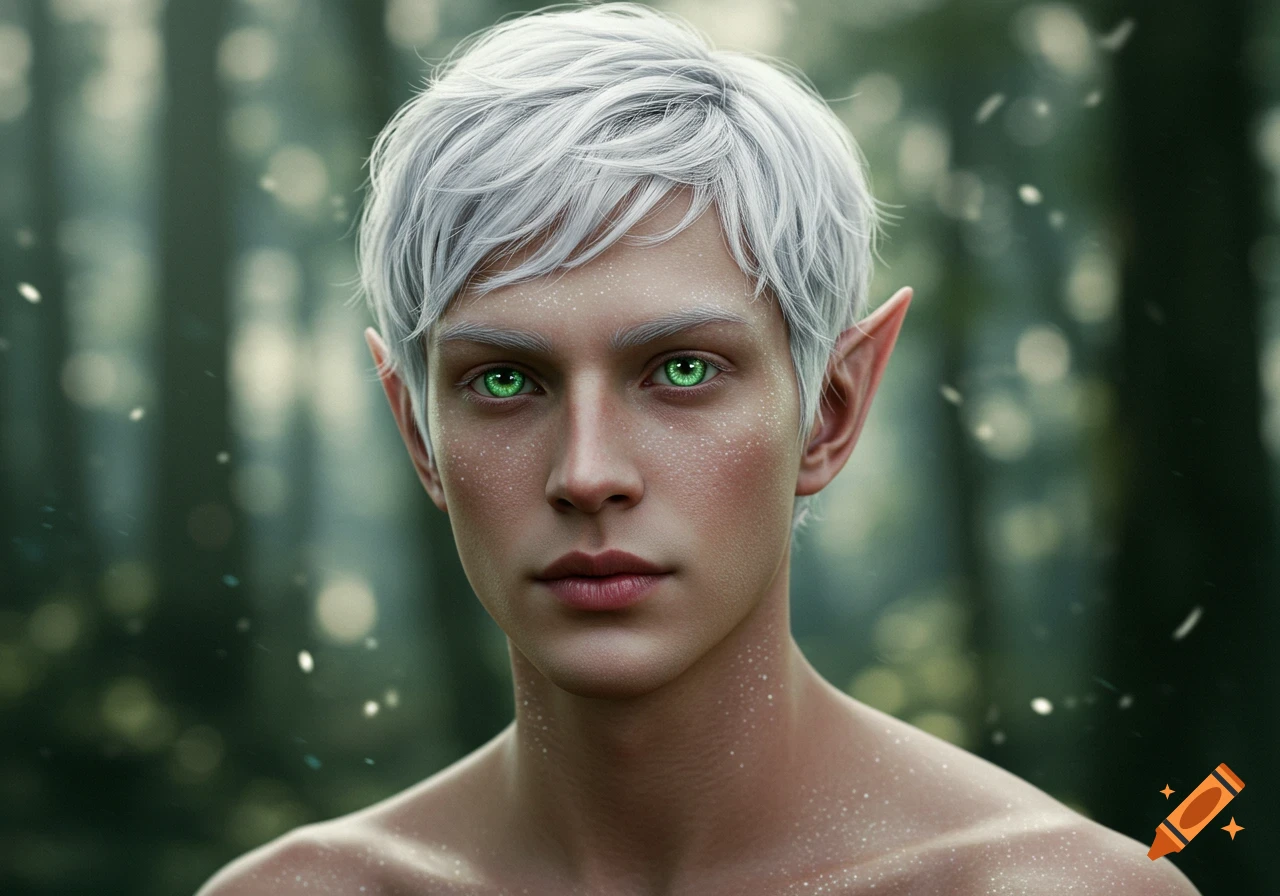 Close-up portrait of a young male fae with white hair, bright green eyes, pointed ears, and sparkling skin in a forest.