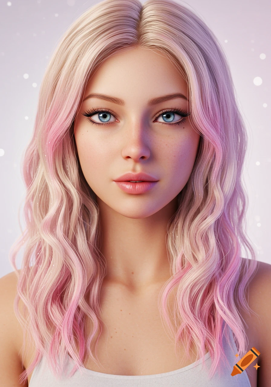 Realistic portrait of a young woman with wavy blonde and pink hair, bright blue eyes, and a light pink top, against a soft, sparkling background.